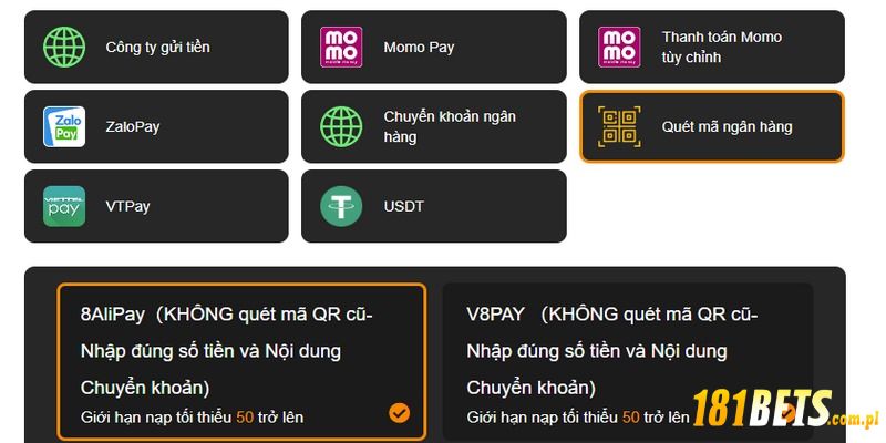 Nạp tiền vào nhà cái 1881bet siêu tiện bằng mã QR